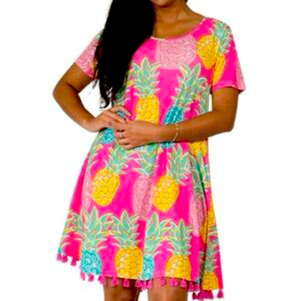 SIMPLY SOUTHERN “Charleston” Pink Pineapple Tassel Beach Vacation Summer Dress